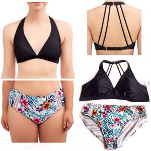 Time Tru 3X Black Bikini Strappy Halter Tropical Full Coverage Bottoms NWT